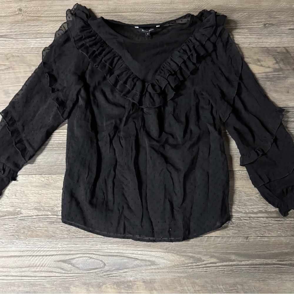 Walter Baker Black Ruffled V-Neck Semi-Sheer Blouse